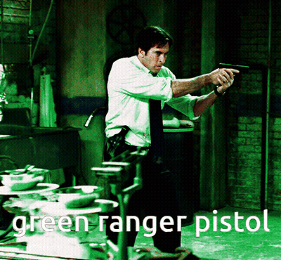 Man In White Shirt Pointing Gun Green Ranger Pistol GIF