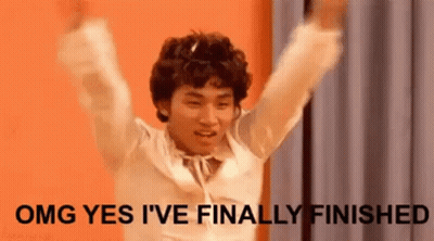 Man In White Shirt Raising Arms Saying OMG Yes Finally Finished GIF