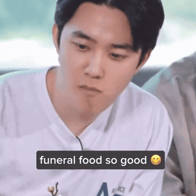 Man In White Shirt Says Funeral Food So Good Smiley GIF