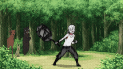 Man In White Shirt Standing In Forest Holding Sword GIF