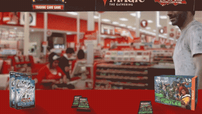 Man In White Shirt Standing In Front Of Trading Card Game GIF