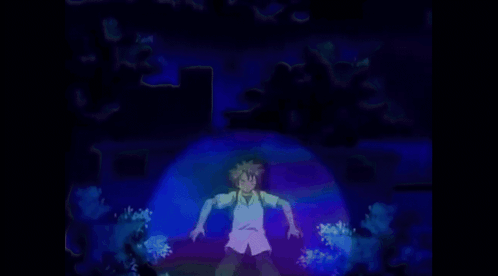 Man In White Shirt Standing In Purple Bubble In Dark GIF