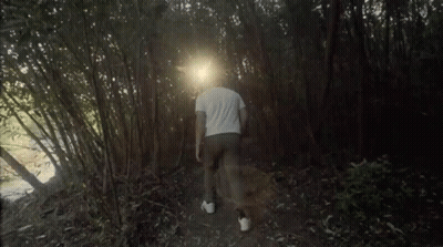 Man In White Shirt Walking Through Woods GIF