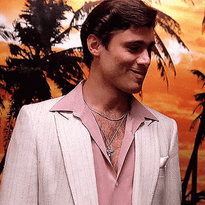 Man In White Suit And Pink Shirt In Front Of Palm Tree Painting GIF