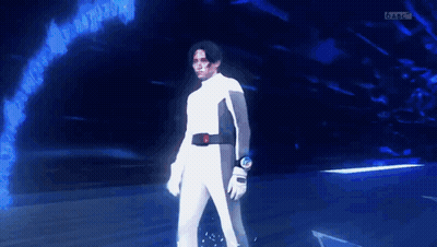 Man In White Suit In Dark Room With Blue Background GIF