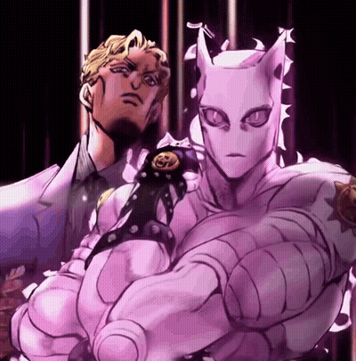 Man In White Suit Next To Purple-Faced Cartoon Character GIF