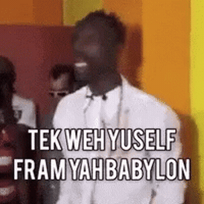 Man In White Suit Saying Tek Weh Yuself Fram Yah Babylon GIF