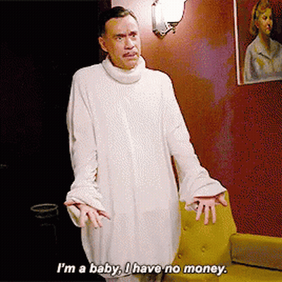 Man In White Sweater Saying I'm A Baby I Have No Money GIF
