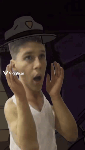 Man In White Tank Top And Hat With Viggle.ai On Face GIF