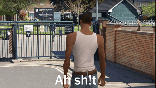 Man In White Tank Top In Front Of Langdon Academy GIF