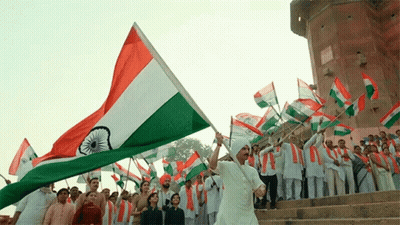 Man In White Turban Holding Flag In Crowd GIF