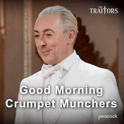 Man In White Tuxedo And Bow Tie Saying Good Morning Crumpet Munchers GIF