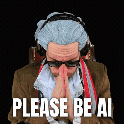 Man In Wig And Headphones Prays Saying Please Be AI GIF