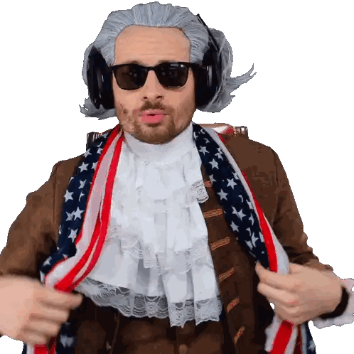 Man In Wig And Sunglasses Holding American Flag Sticker