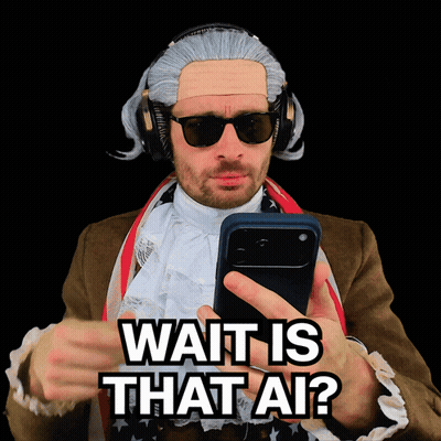 Man In Wig And Sunglasses Holding Cell Phone Saying Wait Is That AI GIF