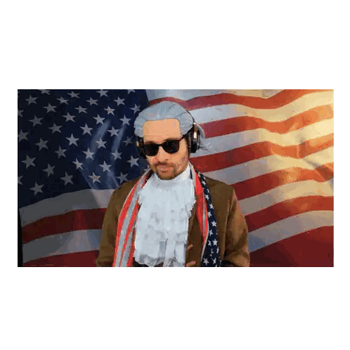 Man In Wig And Sunglasses In Front Of American Flag Sticker