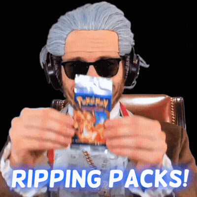 Man In Wig And Sunglasses Ripping Pokemon Cards GIF