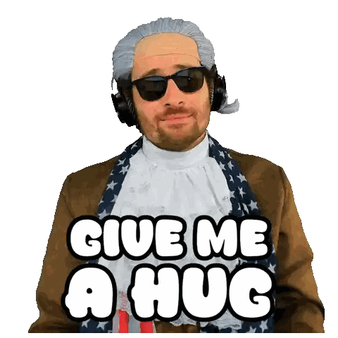 Man In Wig And Sunglasses Saying Give Me A Hug Sticker