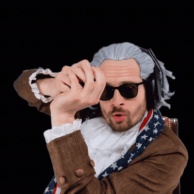 Man In Wig And Sunglasses Using Binoculars And Headphones GIF