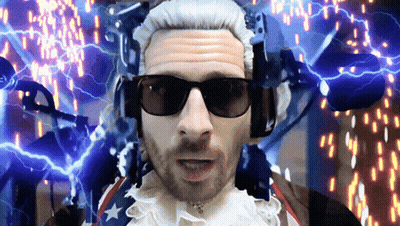 Man In Wig And Sunglasses With Blue Lightning Background GIF