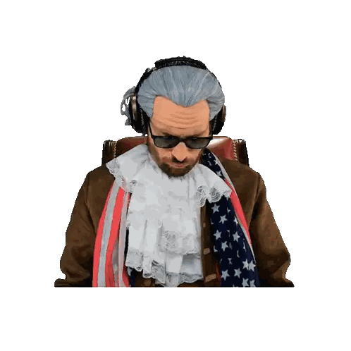 Man In Wig And Sunglasses With Headphones And American Flag Scarf Sticker