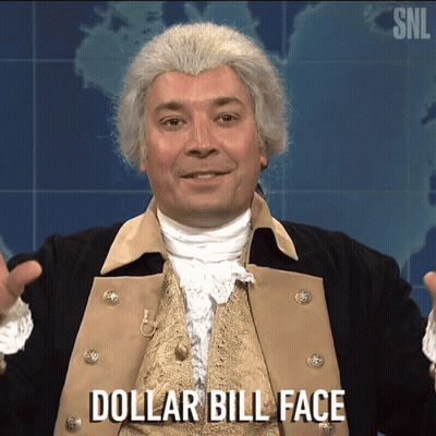 Man In Wig And Vest Saying Dollar Bill Face GIF