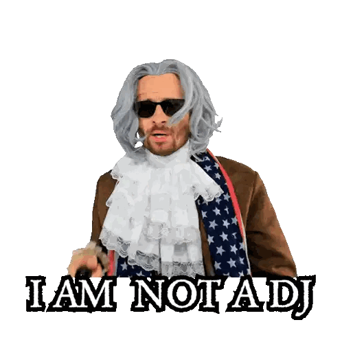 Man In Wig Pointing At Watch I Am Not A DJ Sticker