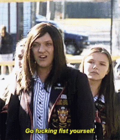Man In Wig Saying Go Fucking Fist Yourself GIF