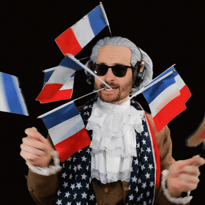 Man In Wig Sunglasses Holding French Flag In Mouth GIF