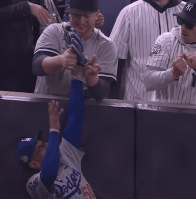 Man In Yankees Jersey Reaching For Ball GIF