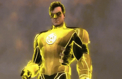 Man In Yellow And Black Superhero Costume With Letter R GIF