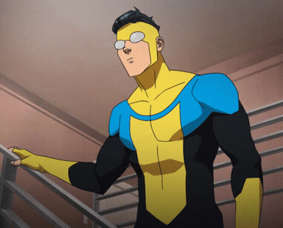 Man In Yellow And Blue Superhero Costume On Stairs GIF
