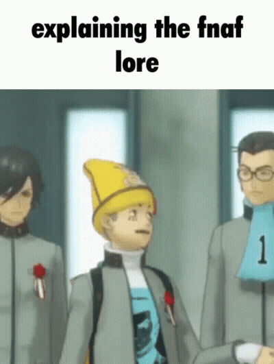Man In Yellow Hat Explaining FNAF Lore To Two Men GIF