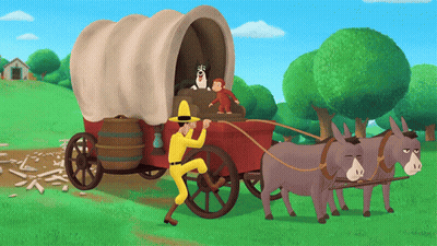 Man In Yellow Hat Pulling Wagon With Donkeys GIF