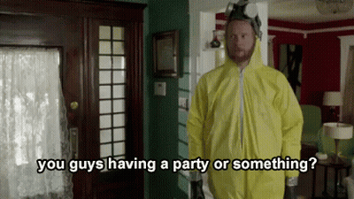 Man In Yellow Hazmat Suit Asking If You Guys Having A Party GIF