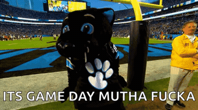 Man In Yellow Jacket Next To Mascot Saying Its Game Day Mutha Fucka GIF