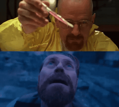 Man In Yellow Raincoat Holding Thermometer Next To Bearded Man GIF
