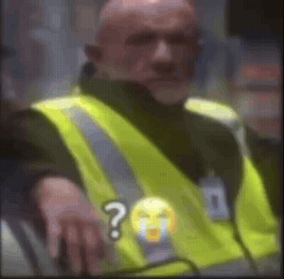 Man In Yellow Safety Vest Sitting With Question Mark GIF