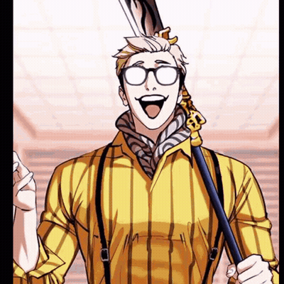 Man In Yellow Shirt And Suspenders Holding Sword Smiling GIF