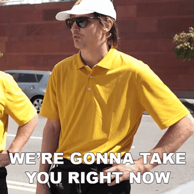 Man In Yellow Shirt And White Hat Saying We're Gonna Take You Right Now GIF