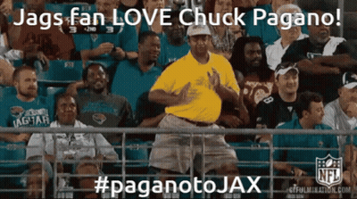 Man In Yellow Shirt Dancing In Crowd Jags Fan Love Chuck Pagano Paganotojax GIF