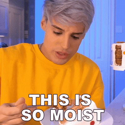 Man In Yellow Shirt Eating Cake Saying This Is So Moist GIF