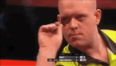 Man In Yellow Shirt Holding Dart Against King Van Gerwen GIF