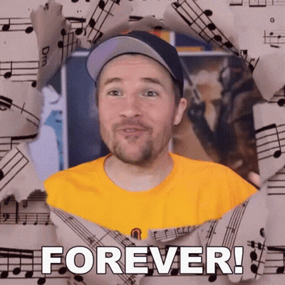 Man In Yellow Shirt Surrounded By Music Notes Saying Forever GIF