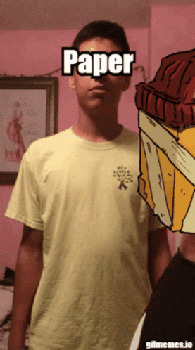 Man In Yellow Shirt With Paper On Forehead GIF