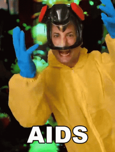 Man In Yellow Suit And Blue Gloves Saying Aids GIF