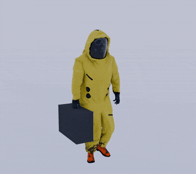 Man In Yellow Suit Carrying Black Box GIF