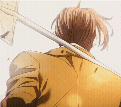 Hombre con traje amarillo sosteniendo espada sobre el hombro GIF
