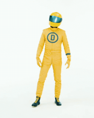 Man In Yellow Suit With Helmet In Front Of Ab Gehts Sign GIF