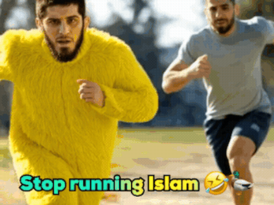 Man In Yellow Sweater Running With Man In Grey Shirt GIF